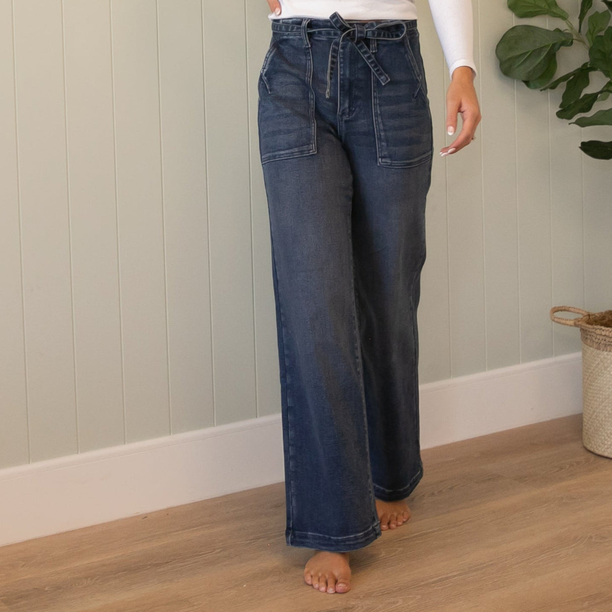 KanCan High Rise Wide Flare Dark Pocket Jeans