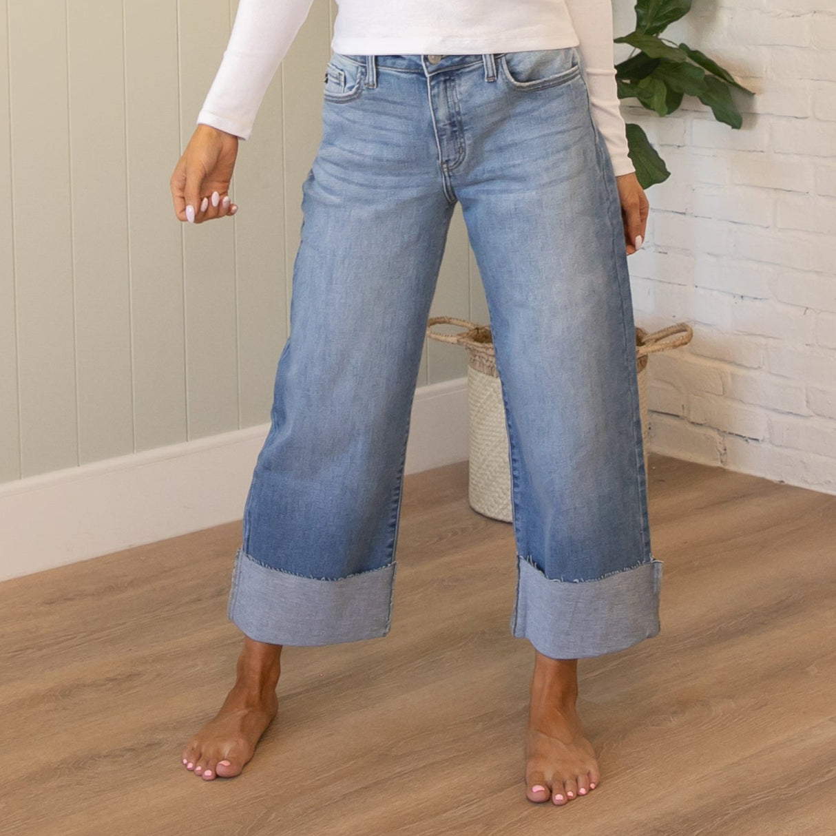 KanCan High Rise Crop Wide Leg Cuffed Jeans