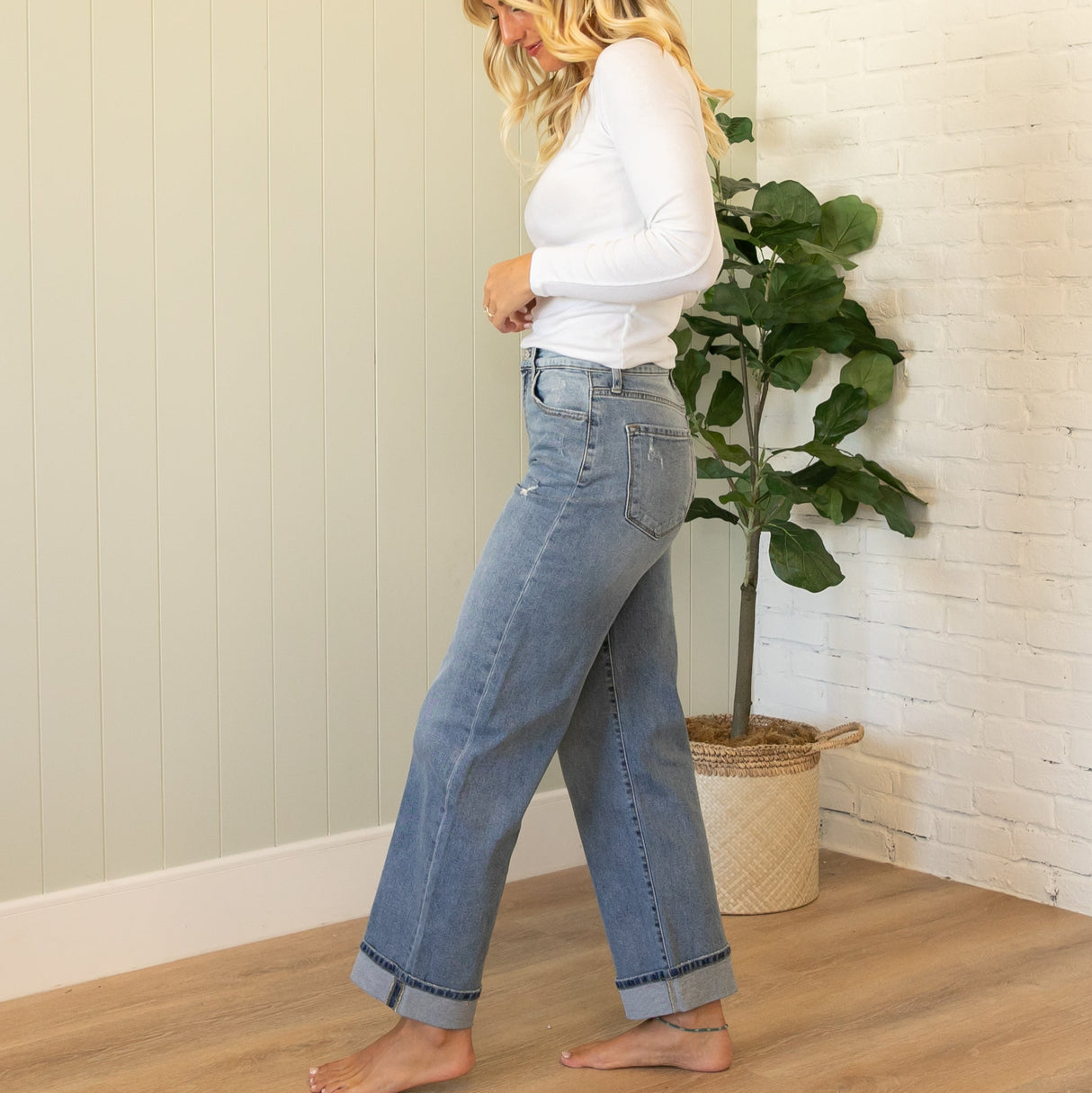 KanCan High Rise Wide Leg Cuffed Medium Wash Jeans