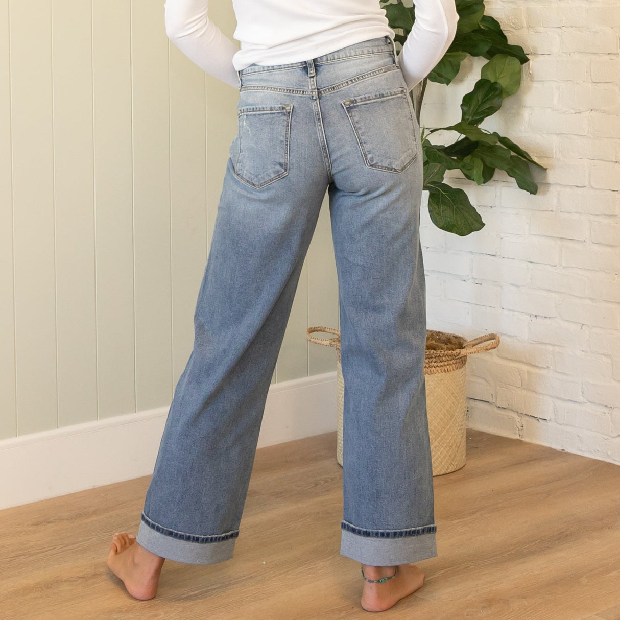 KanCan High Rise Wide Leg Cuffed Medium Wash Jeans