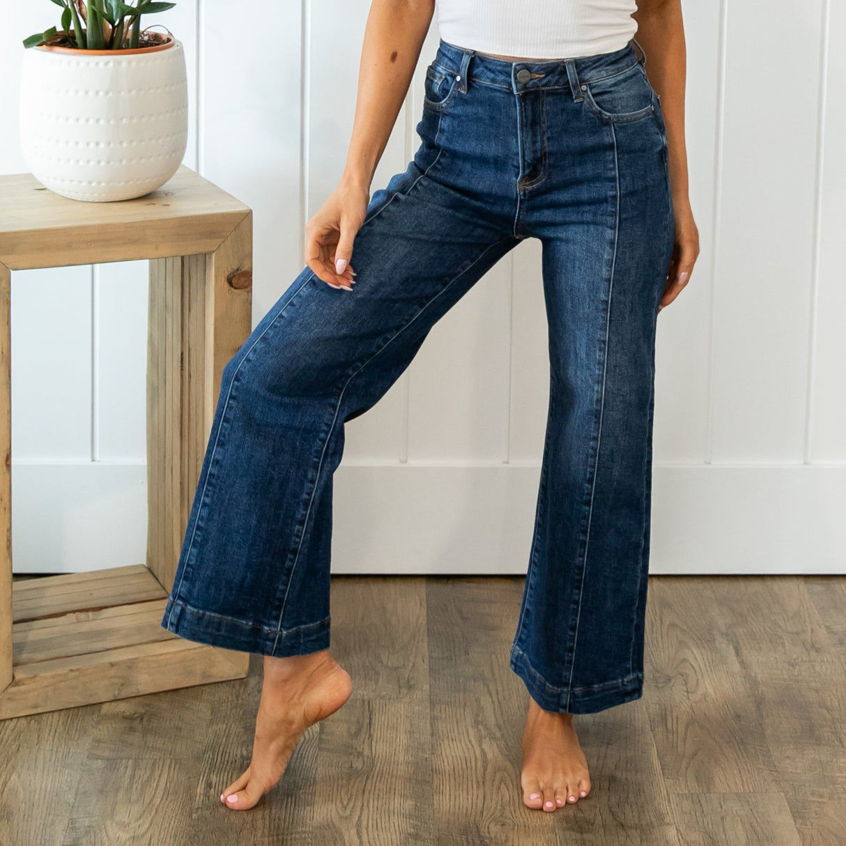 Risen High Rise Front Seam Ankle Wide Jeans