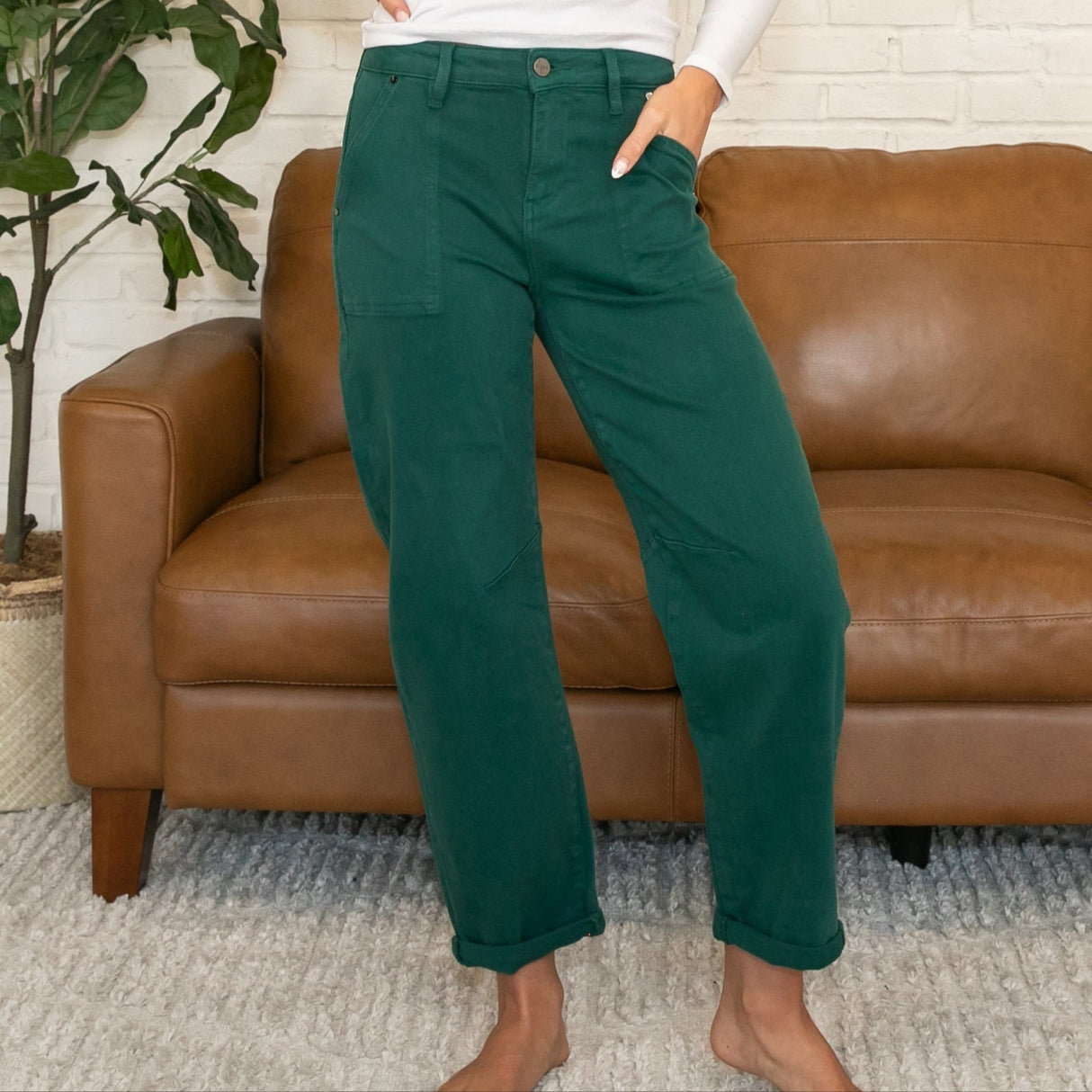 Risen Forrest Green Ankle Cuffed Barrel Jeans