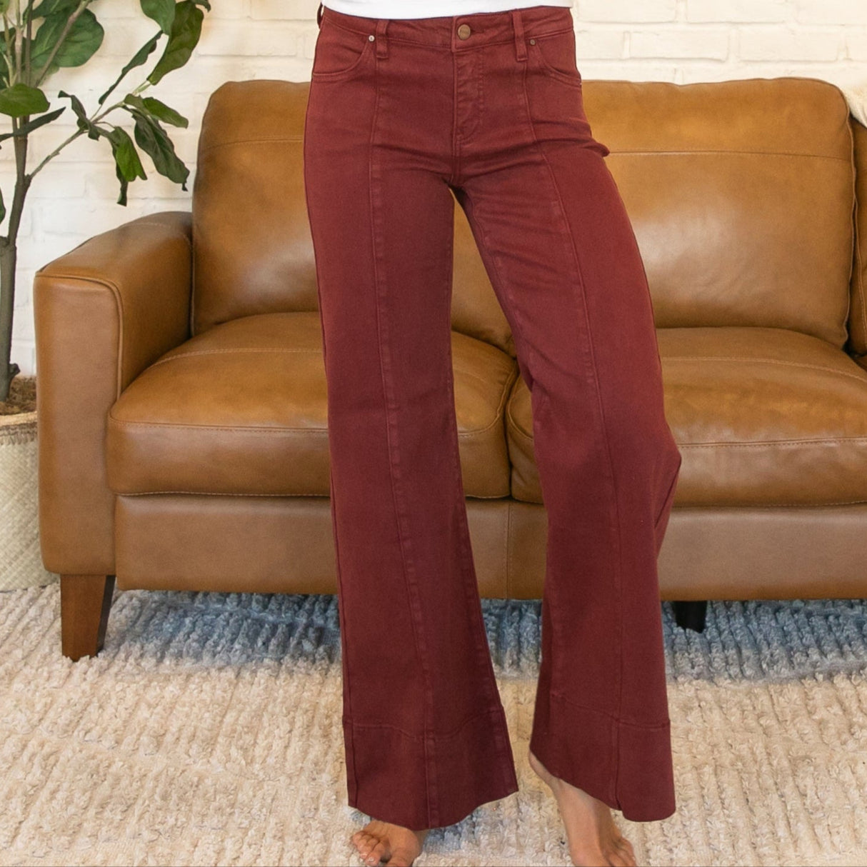 Risen Mid Rise Front Seam Wine Colored Jeans