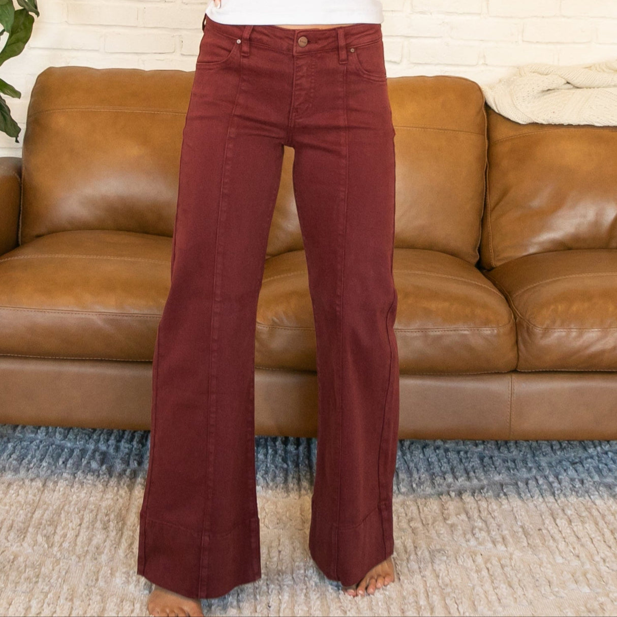 Risen Mid Rise Front Seam Wine Colored Jeans