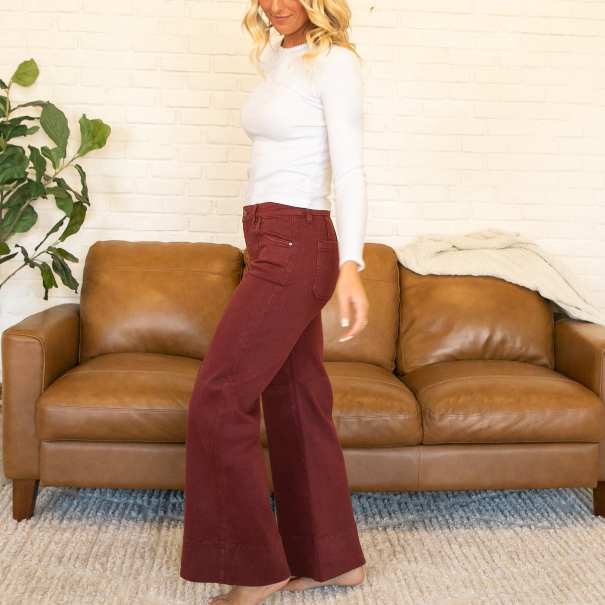Risen Mid Rise Front Seam Wine Colored Jeans