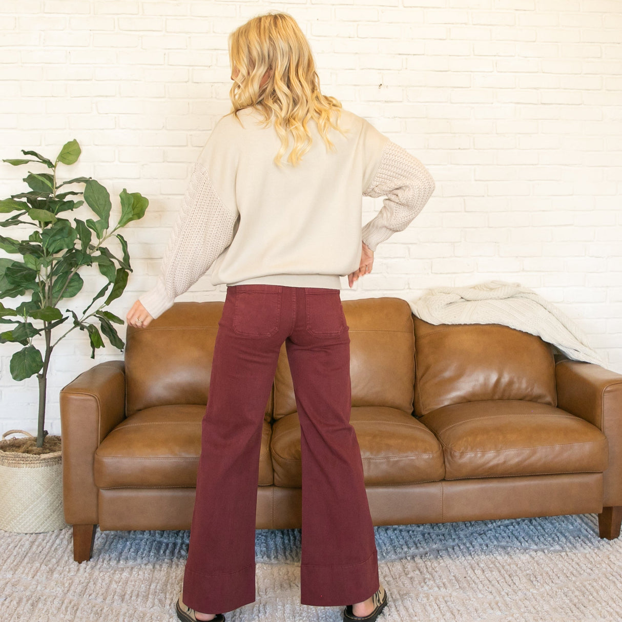 Risen Mid Rise Front Seam Wine Colored Jeans