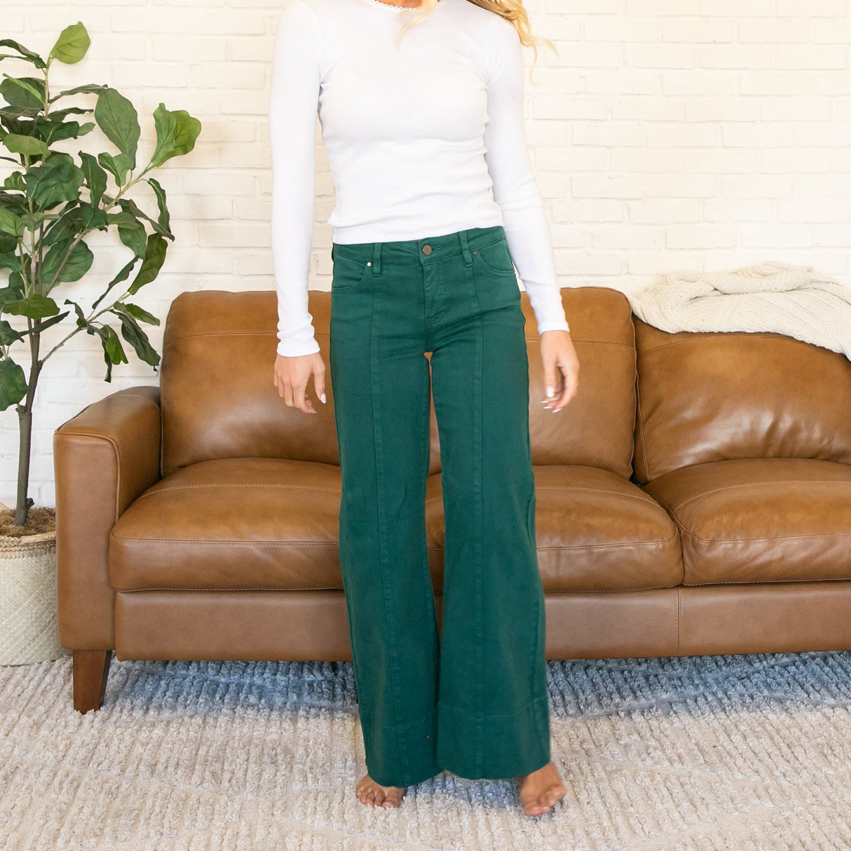 Risen Mid Rise Front Seam Green Colored Jeans