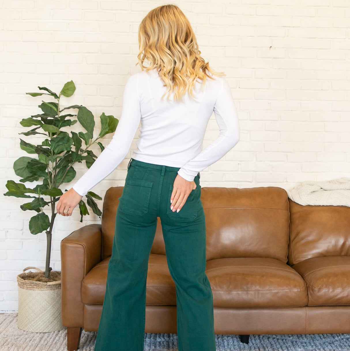 Risen Mid Rise Front Seam Green Colored Jeans