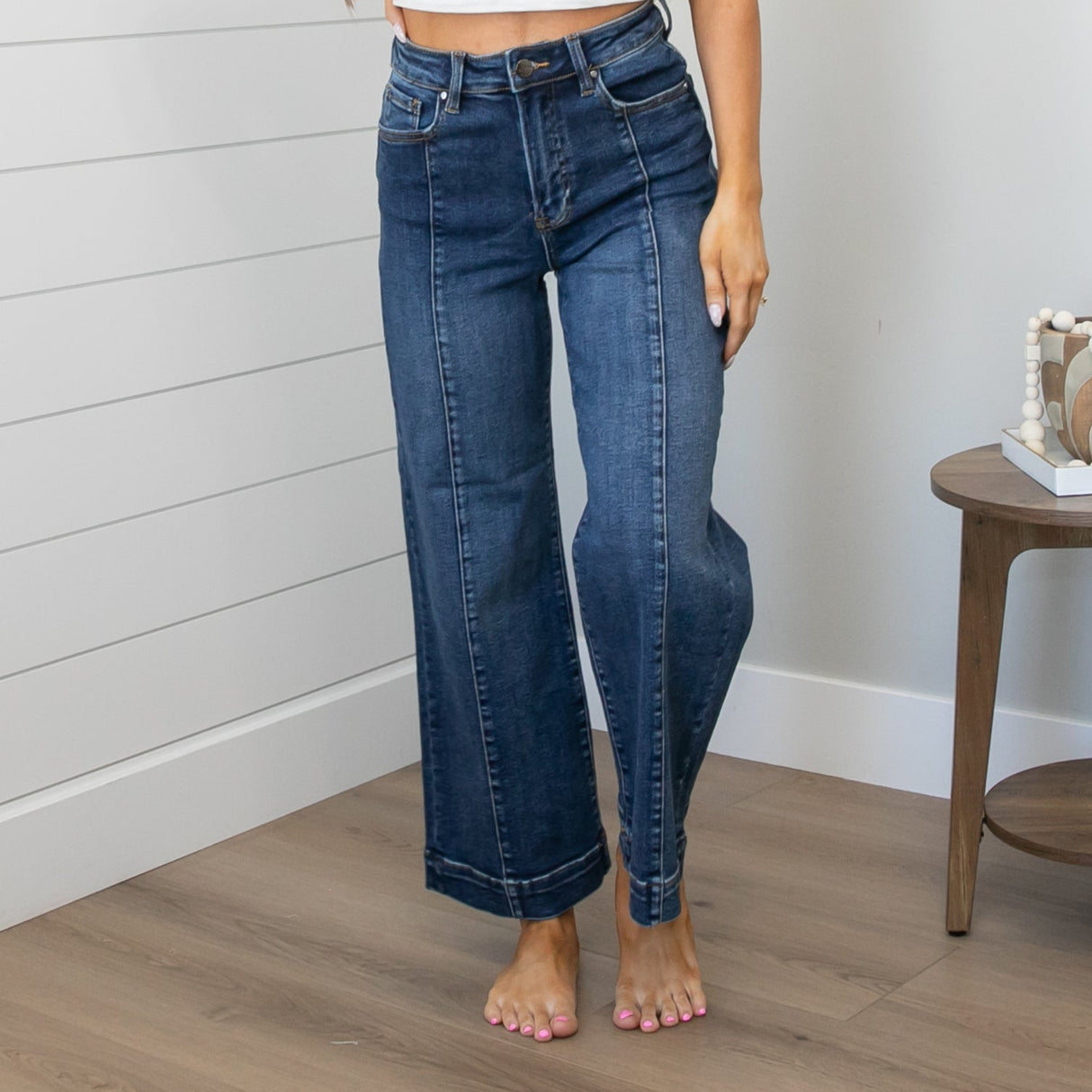 Risen High Rise Front Seam Wide Leg Jeans