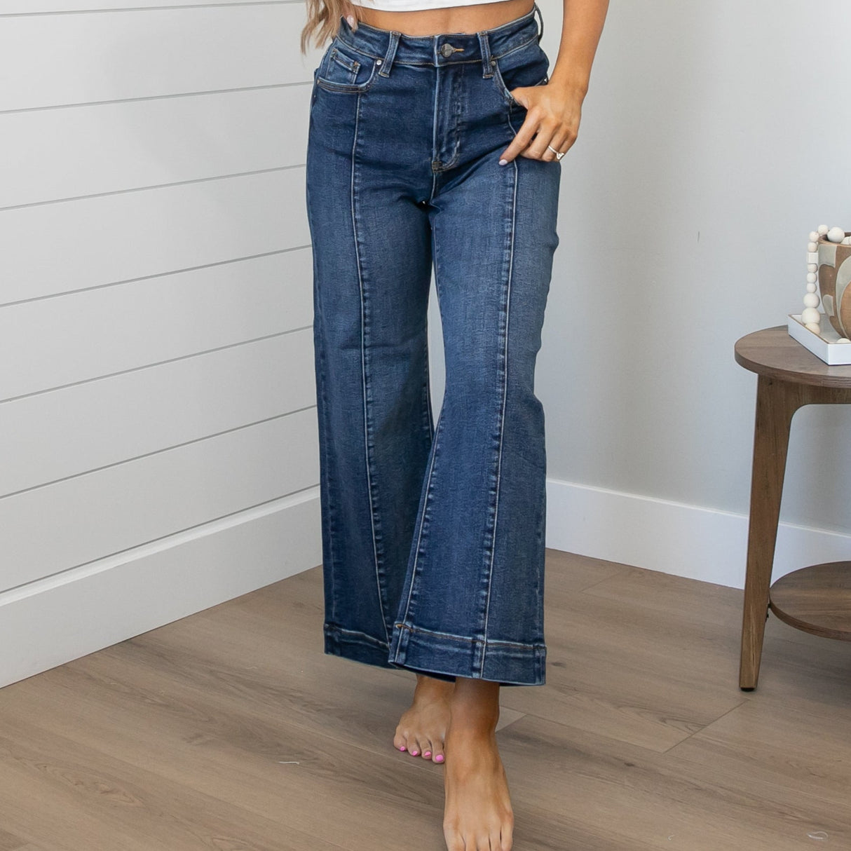 Risen High Rise Front Seam Wide Leg Jeans