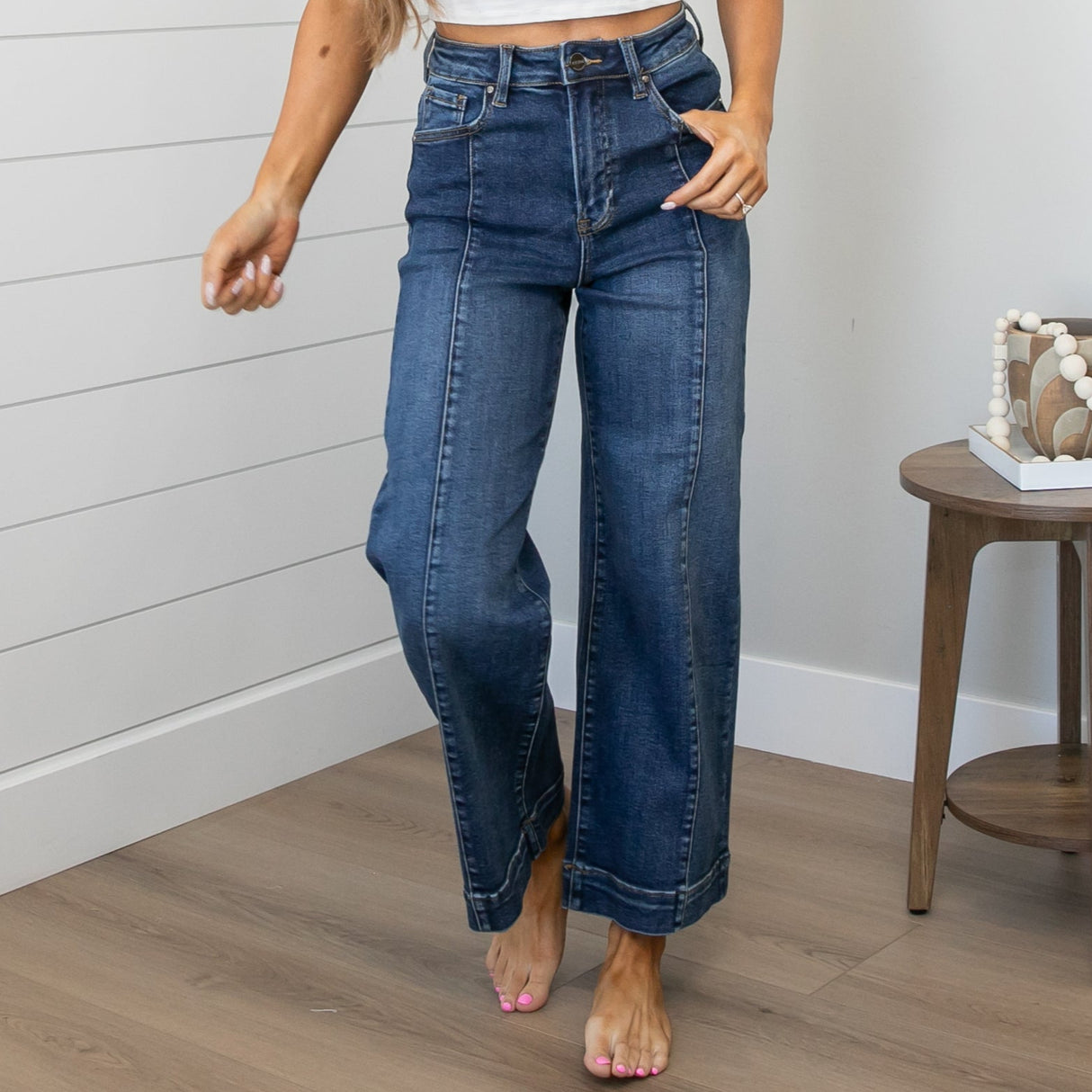 Risen High Rise Front Seam Wide Leg Jeans
