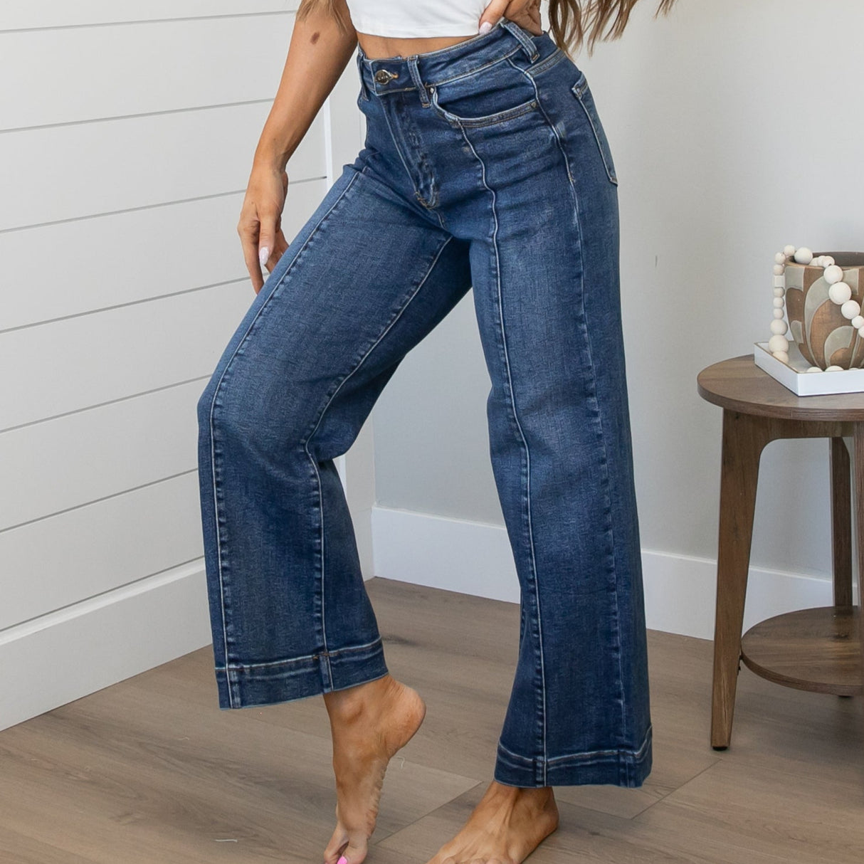 Risen High Rise Front Seam Wide Leg Jeans