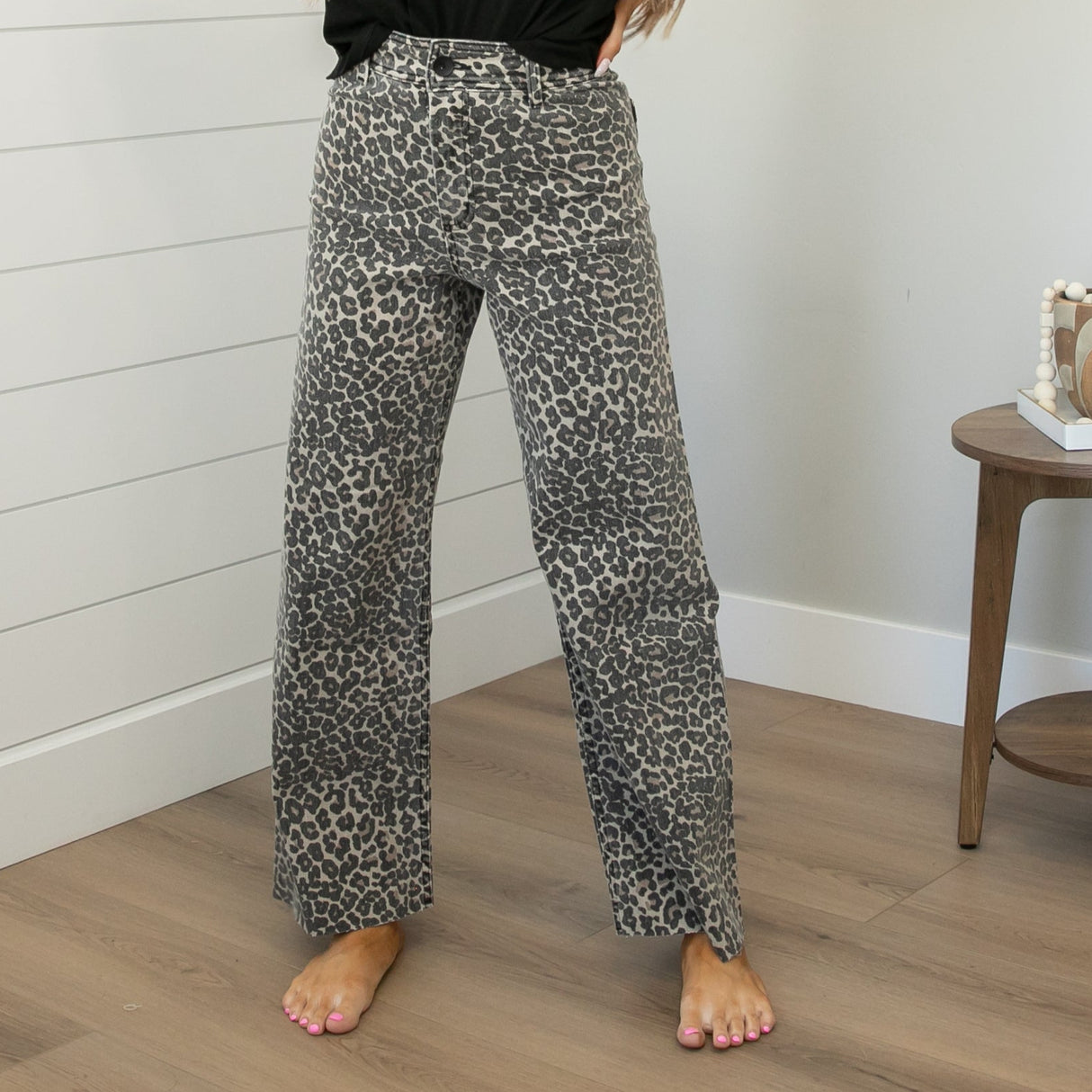Raw Hem Leopard Wide Leg Jeans