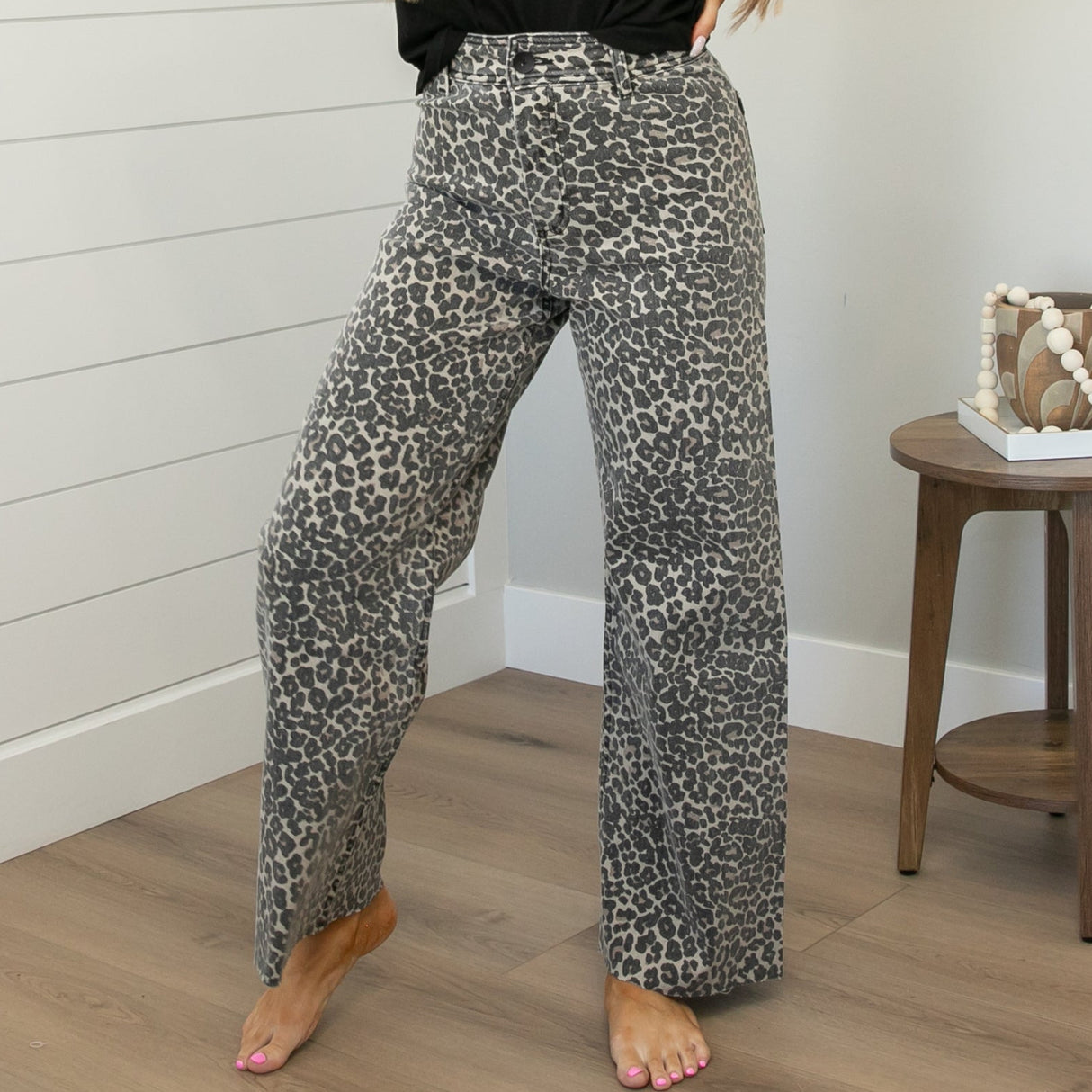 Raw Hem Leopard Wide Leg Jeans