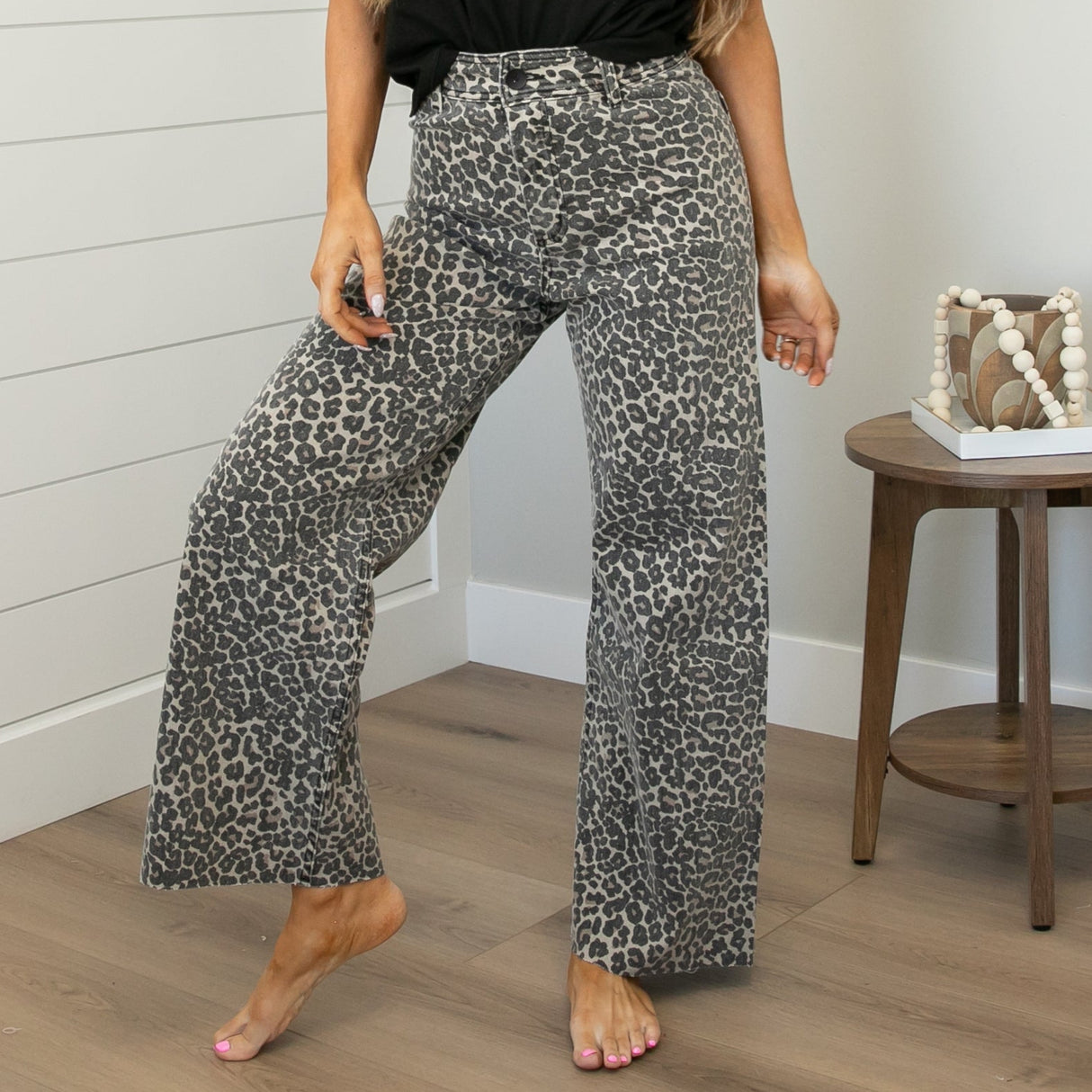 Raw Hem Leopard Wide Leg Jeans