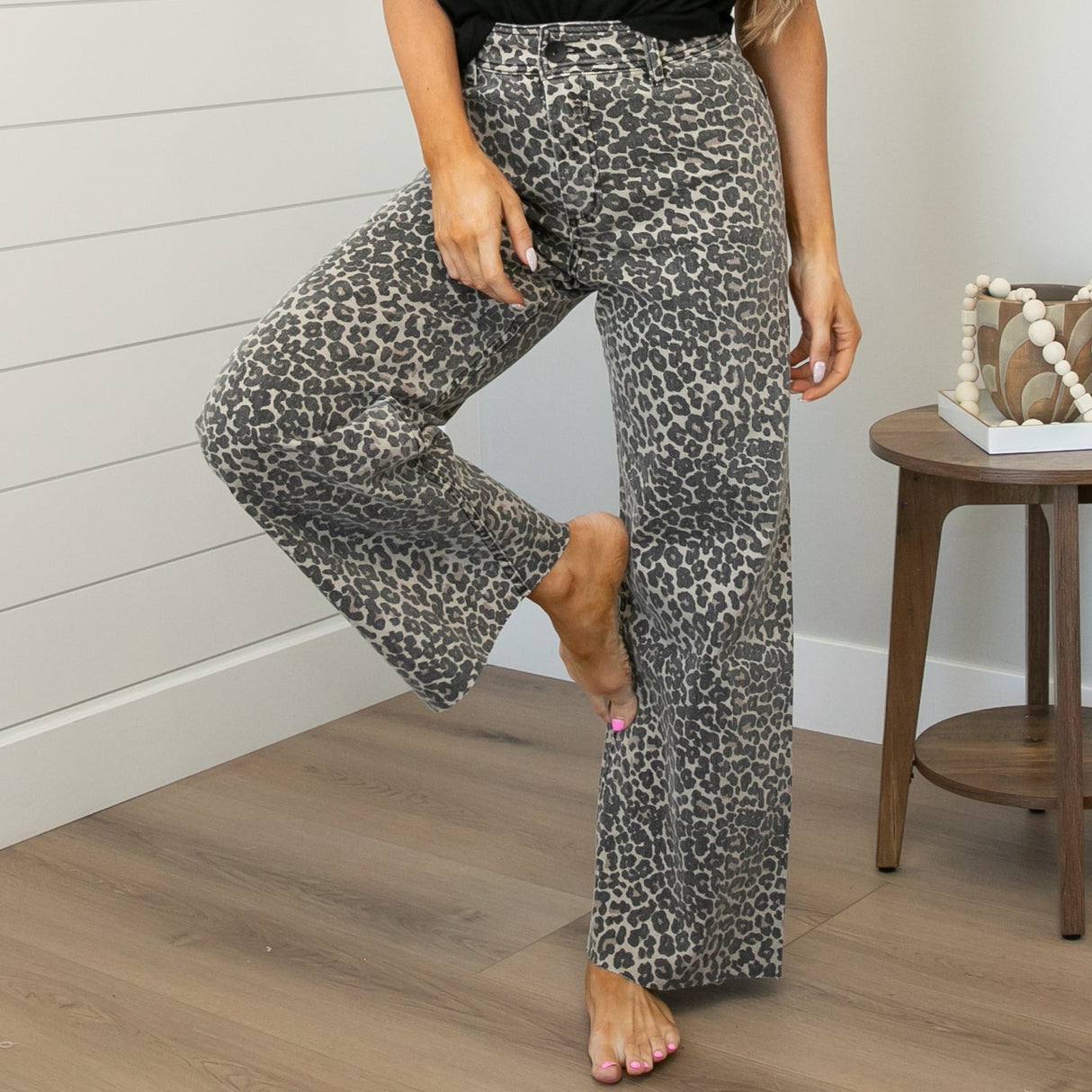 Raw Hem Leopard Wide Leg Jeans
