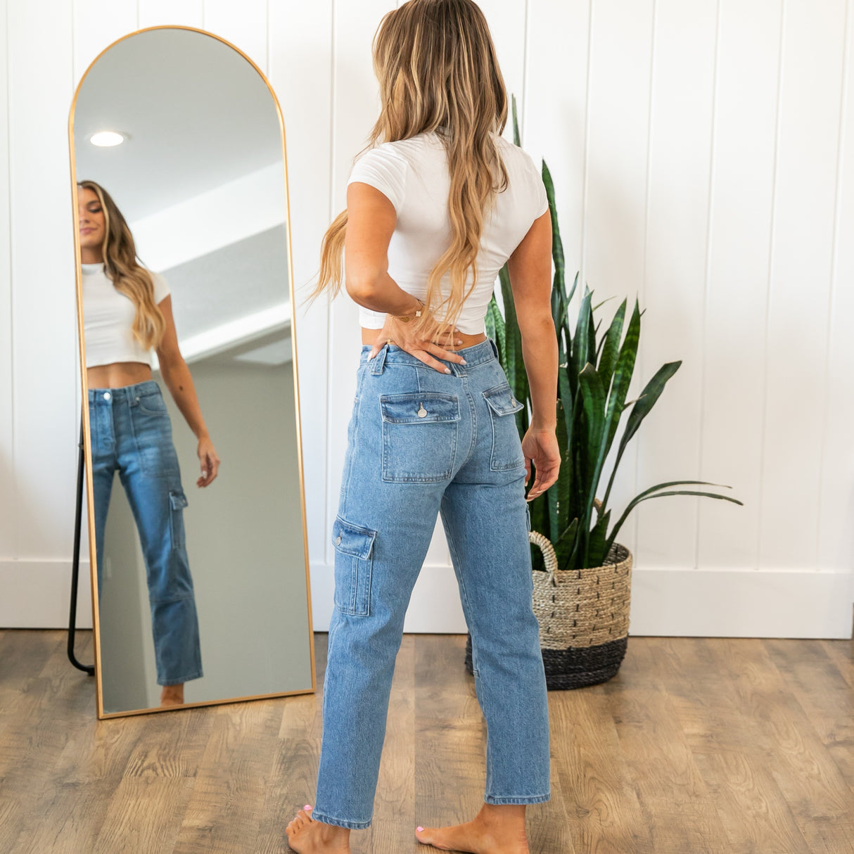 KanCan High Rise Slim Straight Cargo Pants - Medium Wash