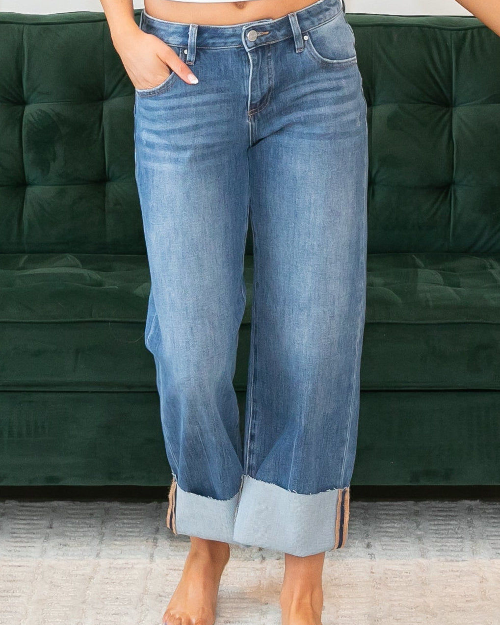 Risen Mid Rise Cuffed Wide Leg Jeans