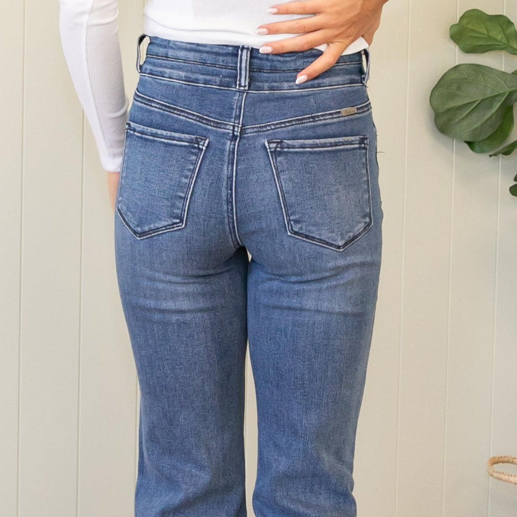 KanCan High Rise Double Button Wide Flare Jeans