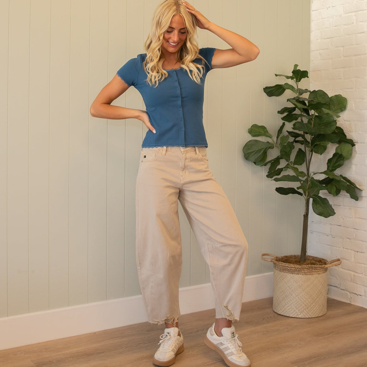 KanCan High Rise Frayed Hem Beige Barrel Jeans