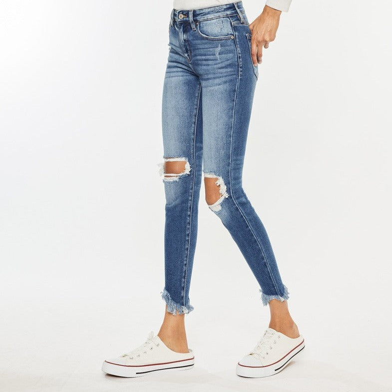 KanCan High Rise Distressed Knee and Hem Ankle Skinny Jeans