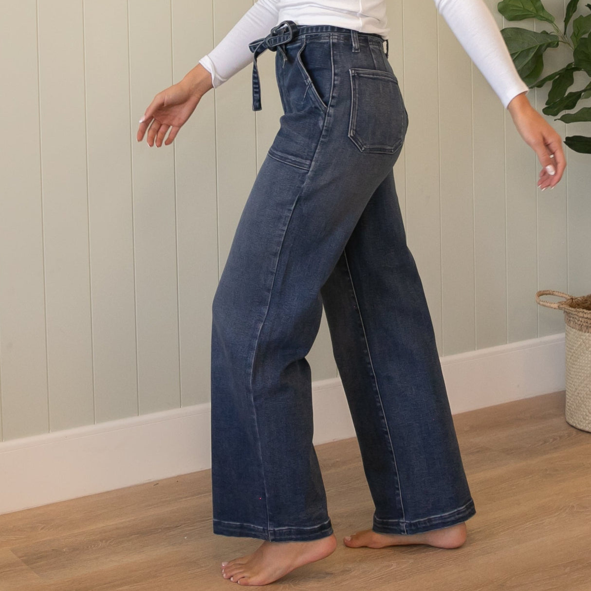 KanCan High Rise Wide Flare Dark Pocket Jeans