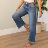 KanCan High Rise Cropped Frayed Hem Wide Leg Jeans