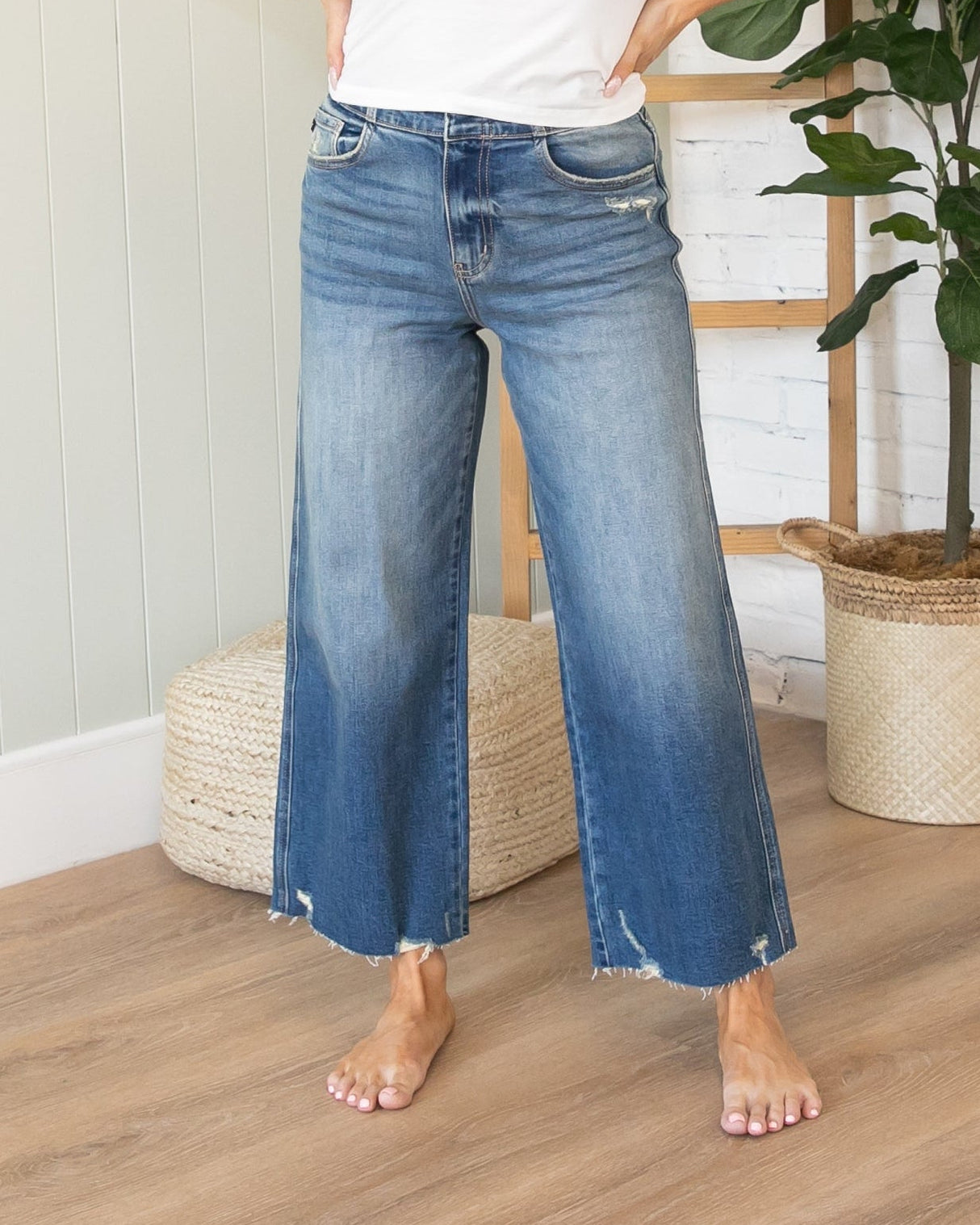 KanCan High Rise Cropped Raw Hem Wide Leg Jeans
