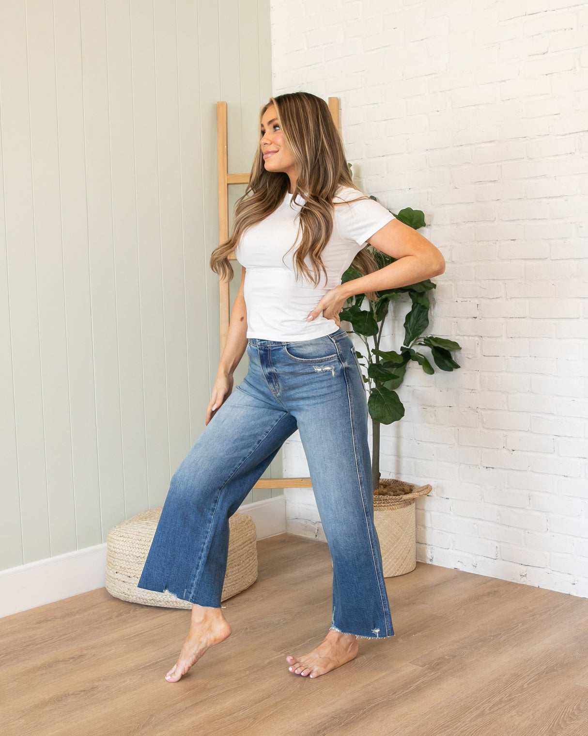 KanCan High Rise Cropped Raw Hem Wide Leg Jeans