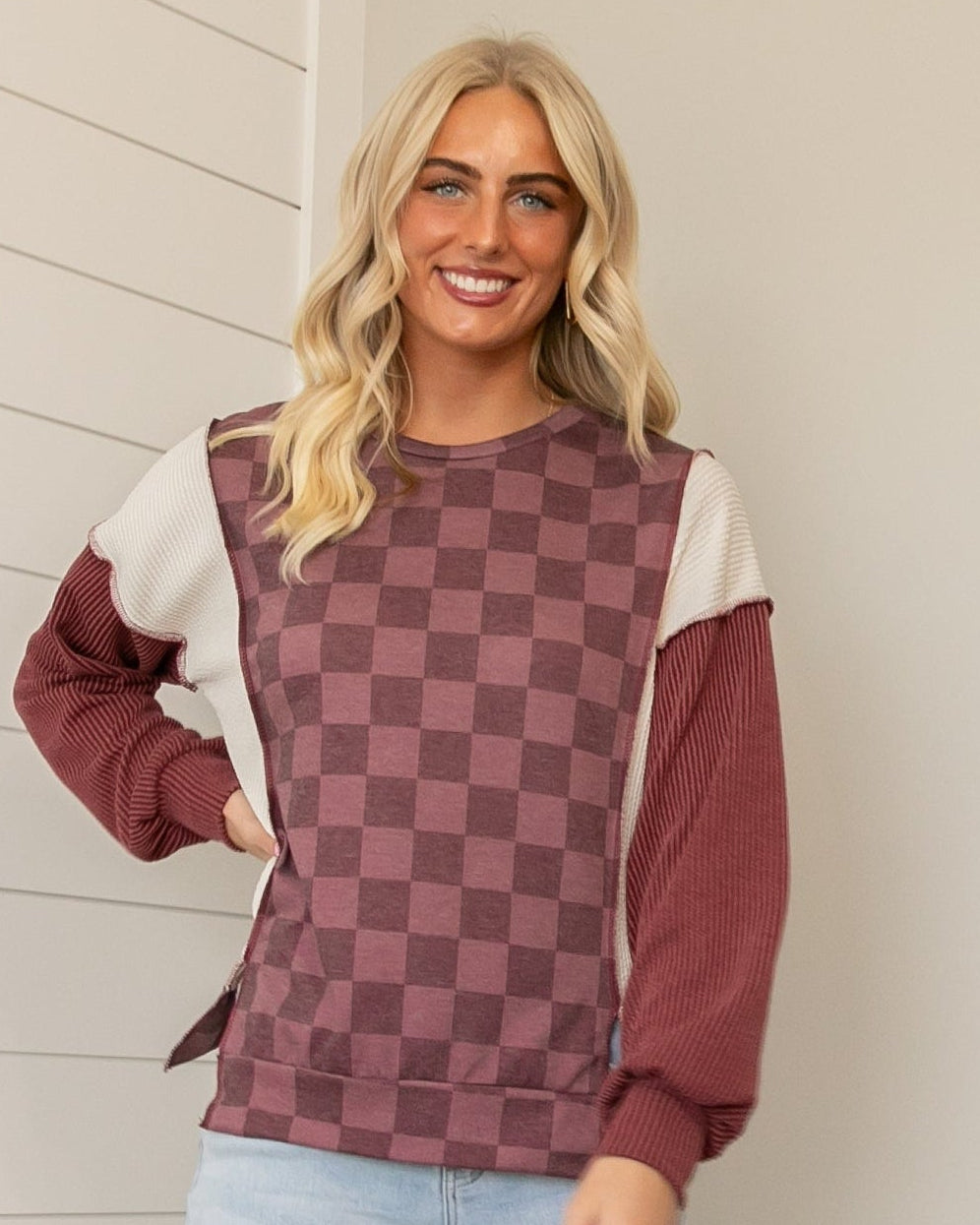 Sway Checkered Top - Burgundy