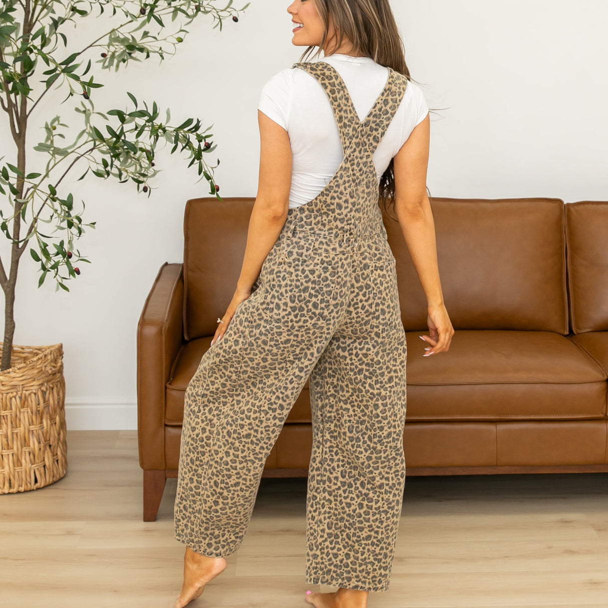 Hannah Leopard Barrel Denim Overalls