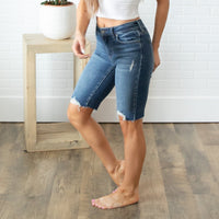 KanCan Mid Rise Distressed Hem Medium Wash Bermudas