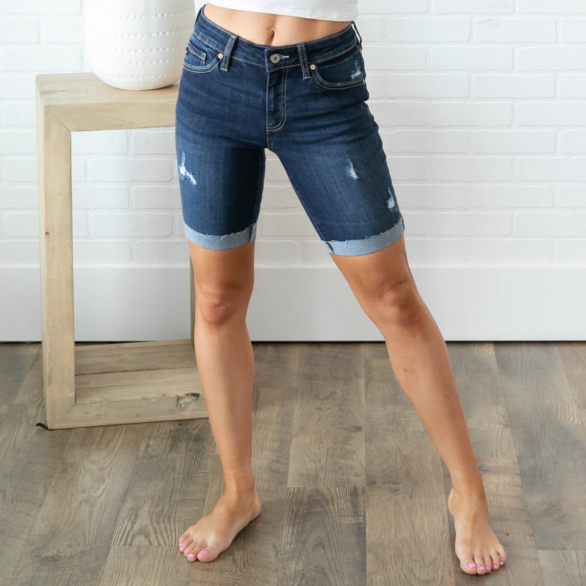 KanCan Mid Rise Cuffed Raw Hem Bermudas