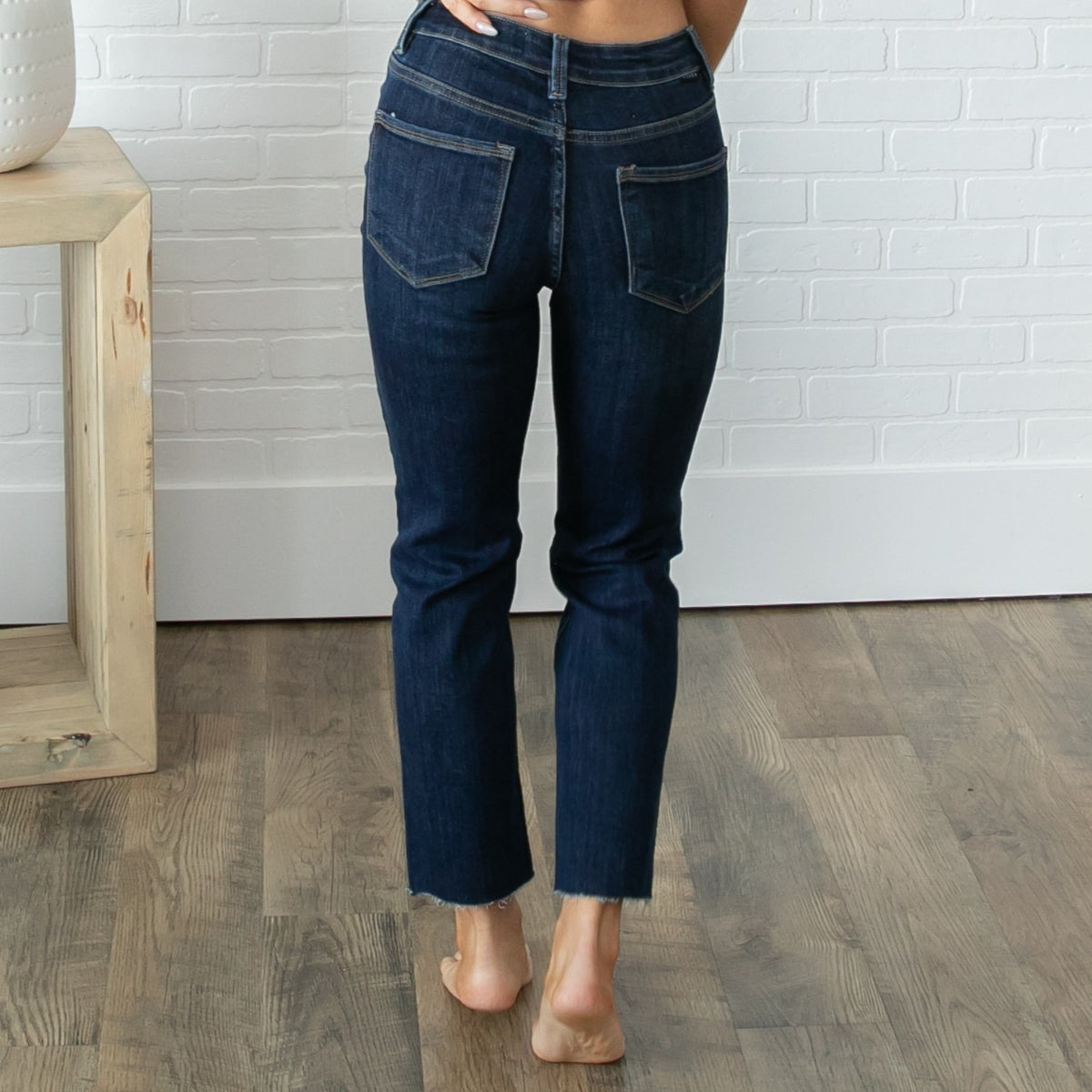 Risen Dark Wash Raw Hem Crop Flare Jeans