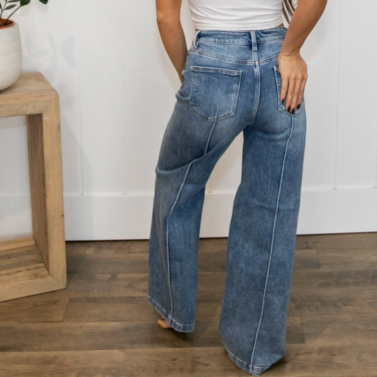 Risen High Rise Front Seam Wide Leg Jeans