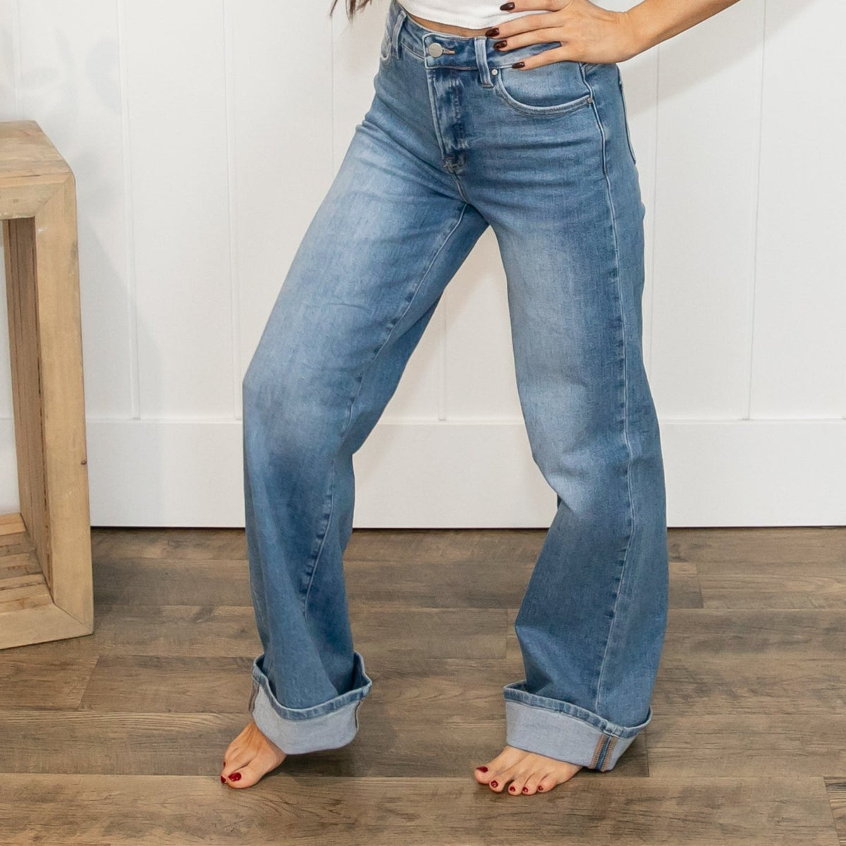 Risen Tummy Control High Rise Wide Cuffed Jeans