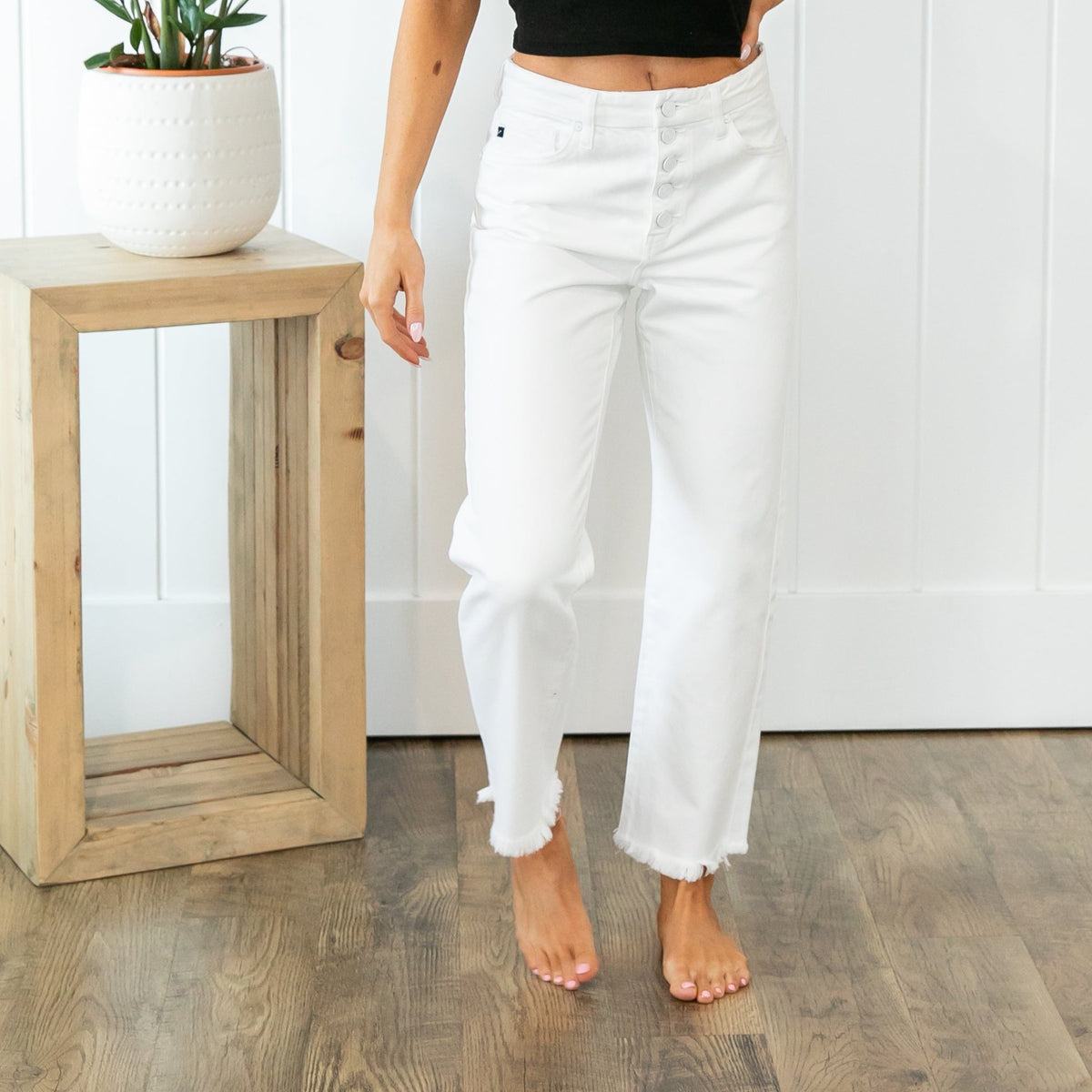 KanCan High Rise Button Fly White Jeans