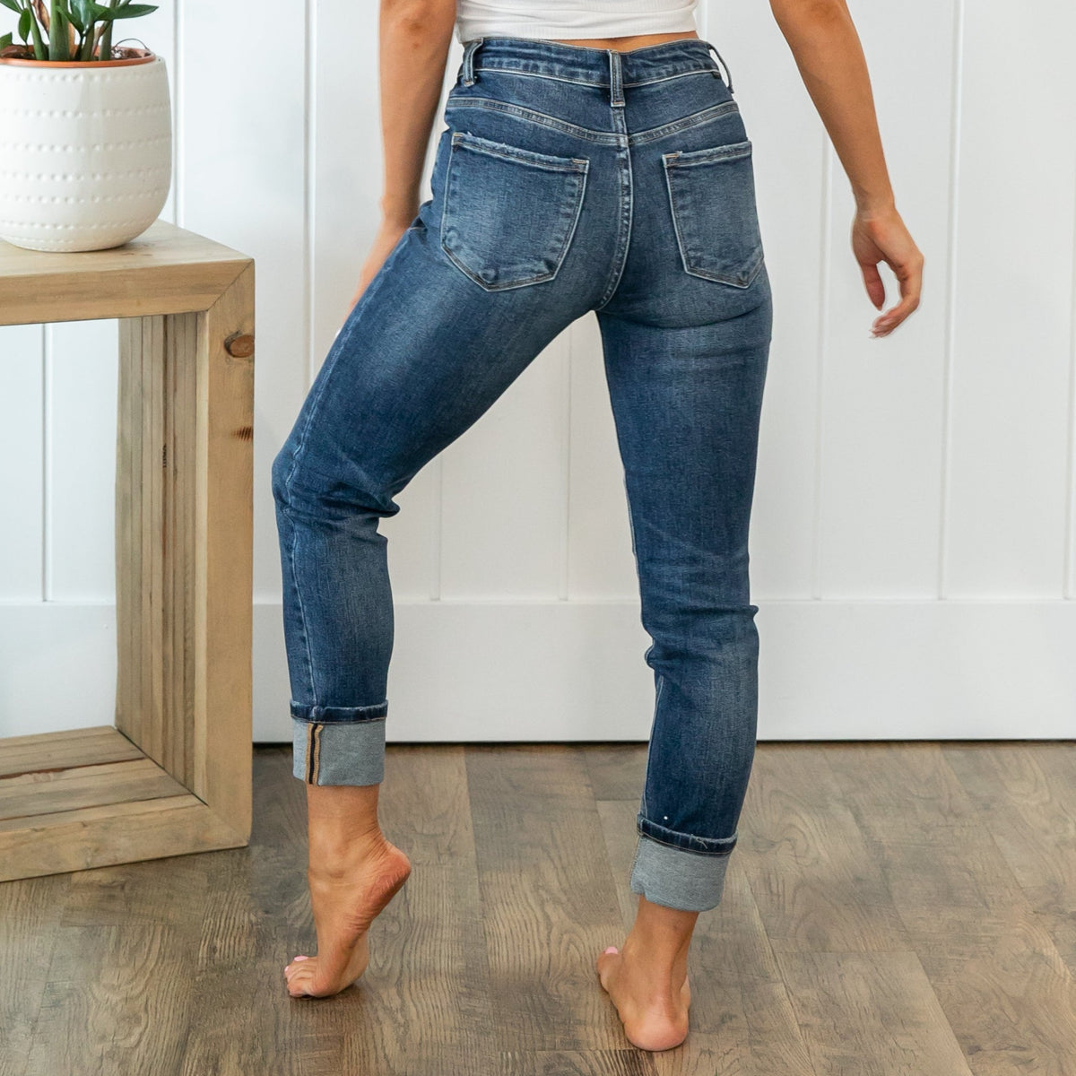 Risen Mid Rise Cuffed Straight Jeans