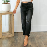 Risen Distressed Boyfriend Jeans With Rolled Hem