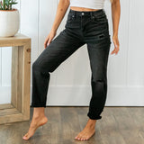 Risen Distressed Boyfriend Jeans With Rolled Hem