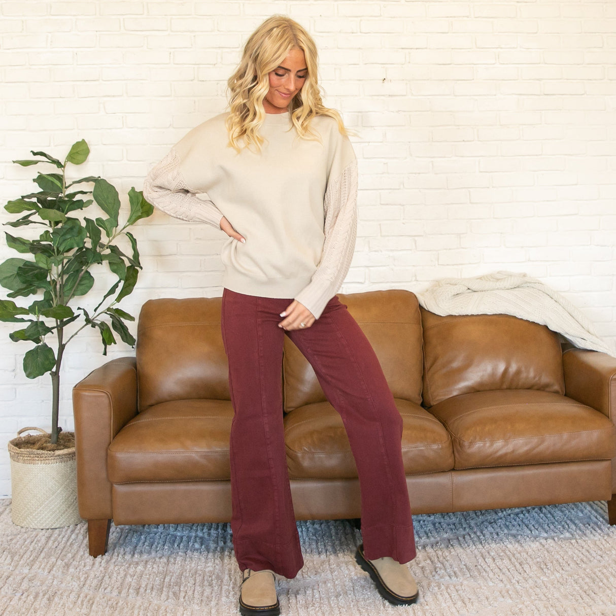 Risen Mid Rise Front Seam Wine Colored Jeans