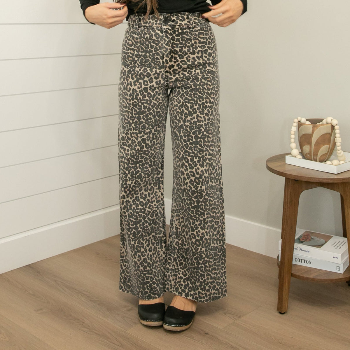 Raw Hem Leopard Wide Leg Jeans