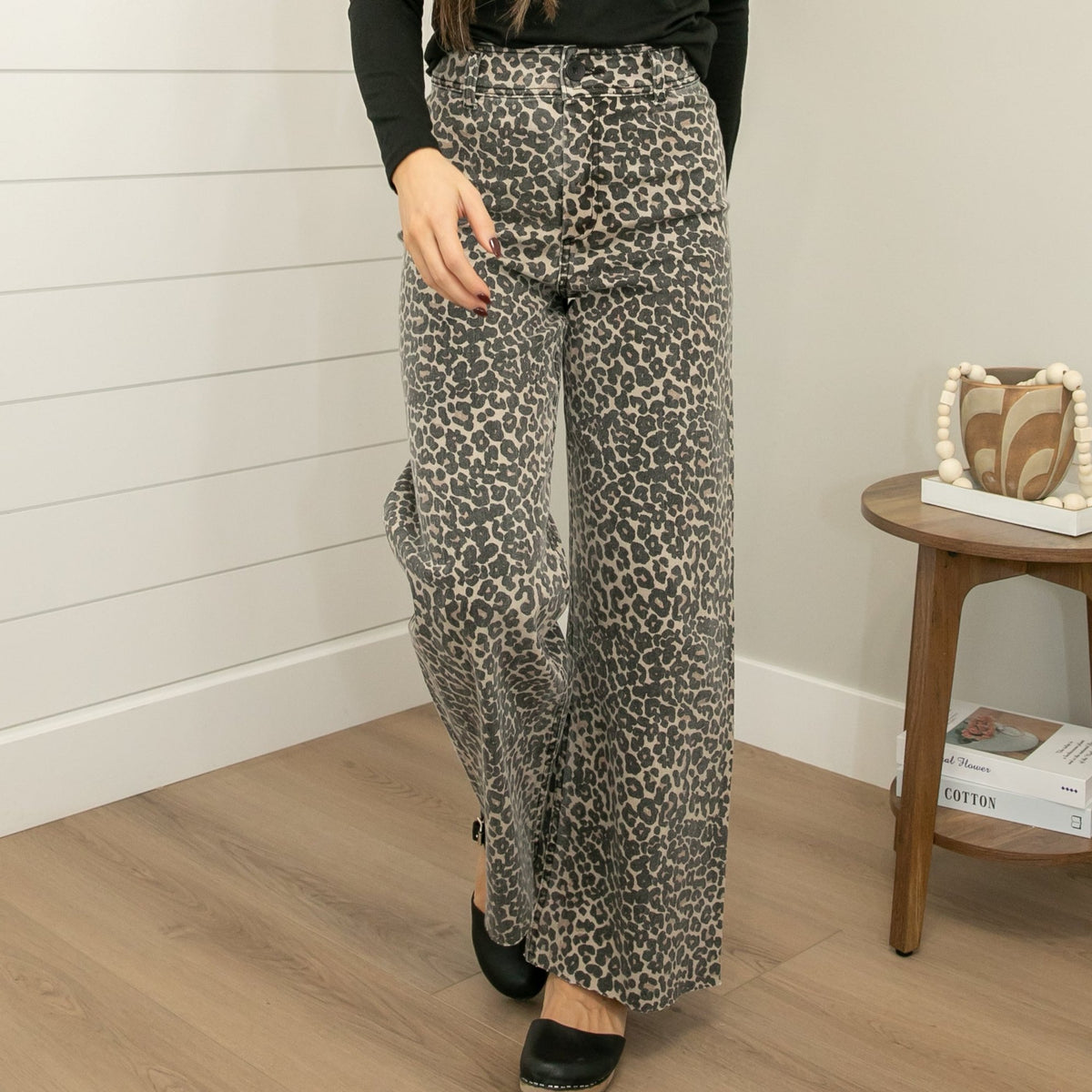 Raw Hem Leopard Wide Leg Jeans