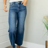 Risen Raw Hem Mid Rise Cropped Wide Leg Jeans