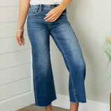 Risen Raw Hem Mid Rise Cropped Wide Leg Jeans