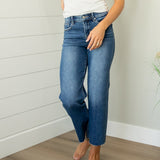 Risen Raw Hem Mid Rise Cropped Wide Leg Jeans