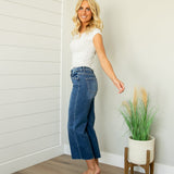 Risen Raw Hem Mid Rise Cropped Wide Leg Jeans