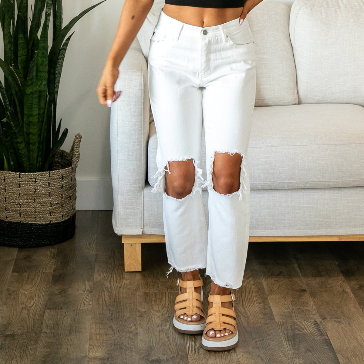 KanCan High Rise White Distressed Knee Denim