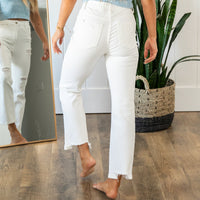 Risen High Rise Distressed Kick Flare White Jeans