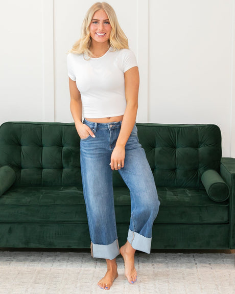 Risen Mid Rise Cuffed Wide Leg Jeans
